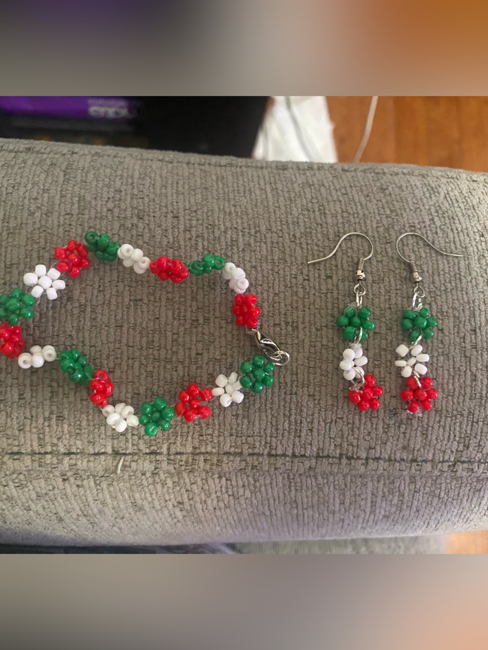 Mexican Beaded Flower Bracelet  and earrings - Red, Green & White